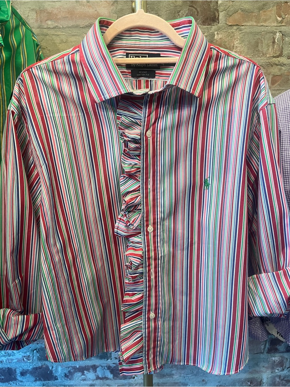 Ralph Lauren Striped Button-Down Shirt - Red Multi with ruffle